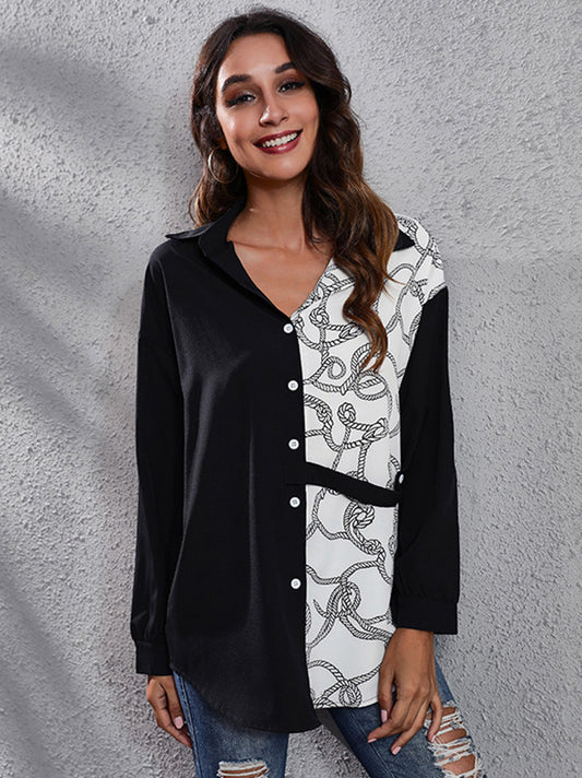 flowersverse Casual Loose Long Sleeves Buttoned Contrast Color Lapel Collar Blouses&Shirts Tops