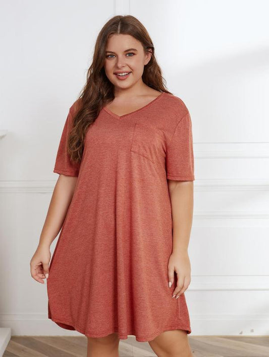 flowersverse Plus Size Ladies Solid Color Casual Loose Pocket Dress