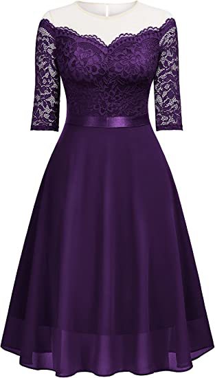 flowersverse Elegant Evening Dress Off Shoulder Sexy Half-Sleeve Lace Patchwork Chiffon Dress