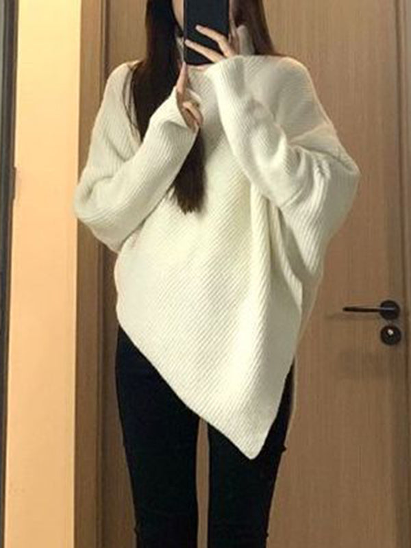 flowersverse Asymmetric Solid Color Velvet Long Sleeves Loose High Neck Sweater Tops Pullovers Knitwear