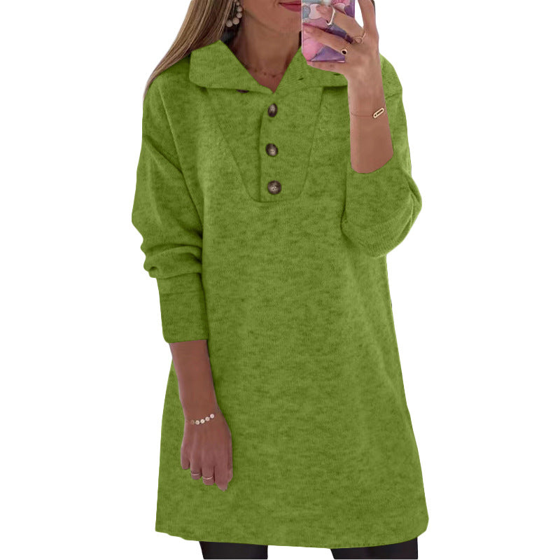 flowersverse New Women's Solid Collar Button Long Sleeve Casual Dress Women