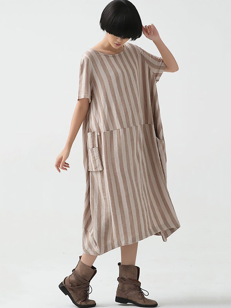 flowersverse Plus Size Women Summer Casual Stripe Cotton Linen Loose Dress