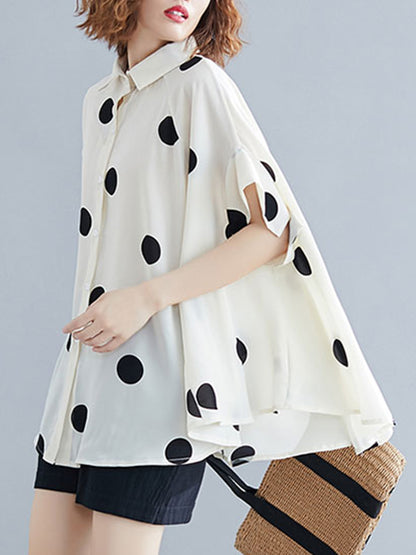 flowersverse Polka-Dot Batwing Sleeves Loose Lapel Blouses&shirts Tops