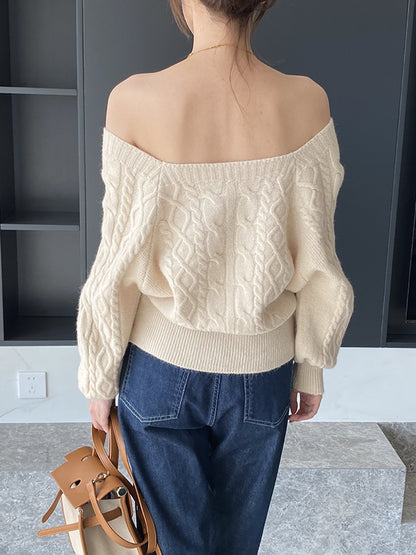 flowersverse Solid Color Long Sleeves Off-The-Shoulder Sweater Tops Pullovers Knitwear