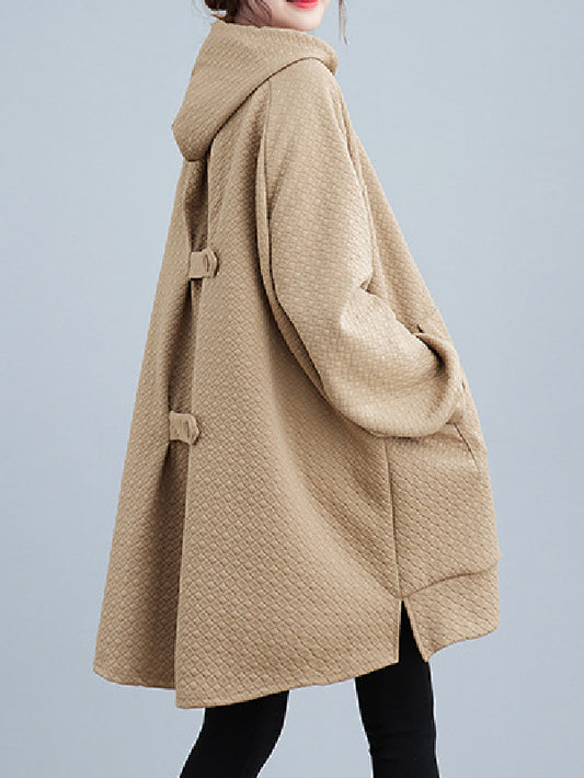 flowersverse Buttoned Drawstring Pockets Solid Color Split-side High-low Long Sleeves Hooded Hoodies Tops