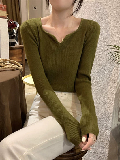 flowersverse Colorful Solid Color Long Sleeves Skinny V-neck Sweater Tops Pullovers Knitwear