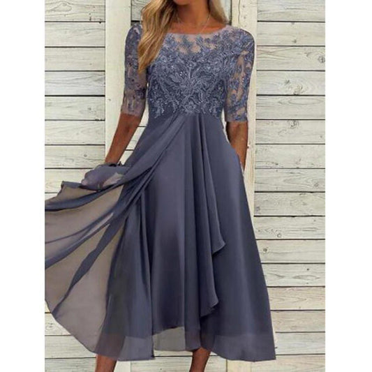 flowersverse Chiffon Asymmetric Skirt Stitching Lace Hollow-out Long Bridesmaid Evening Women's Dress