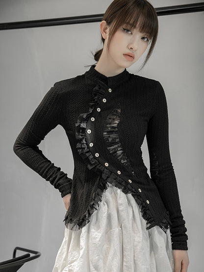 flowersverse Stylish Asymmetric Buttoned Hollow Lace Stand Collar Long Sleeves Knitwear Cardigan