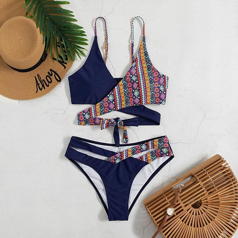 flowersverse Women's Swimwear Bikini Normal Swimsuit 2 Piece Printing Geometic Navy Blue Dark Green Rose Red Bathing Suits Sports Summer