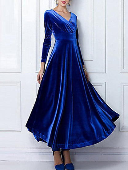 flowersverse Women's Sheath Dress Maxi Long Dress Black Purple Wine Green Royal Blue Long Sleeve Solid Colored V Neck Hot Velvet / Plus Size