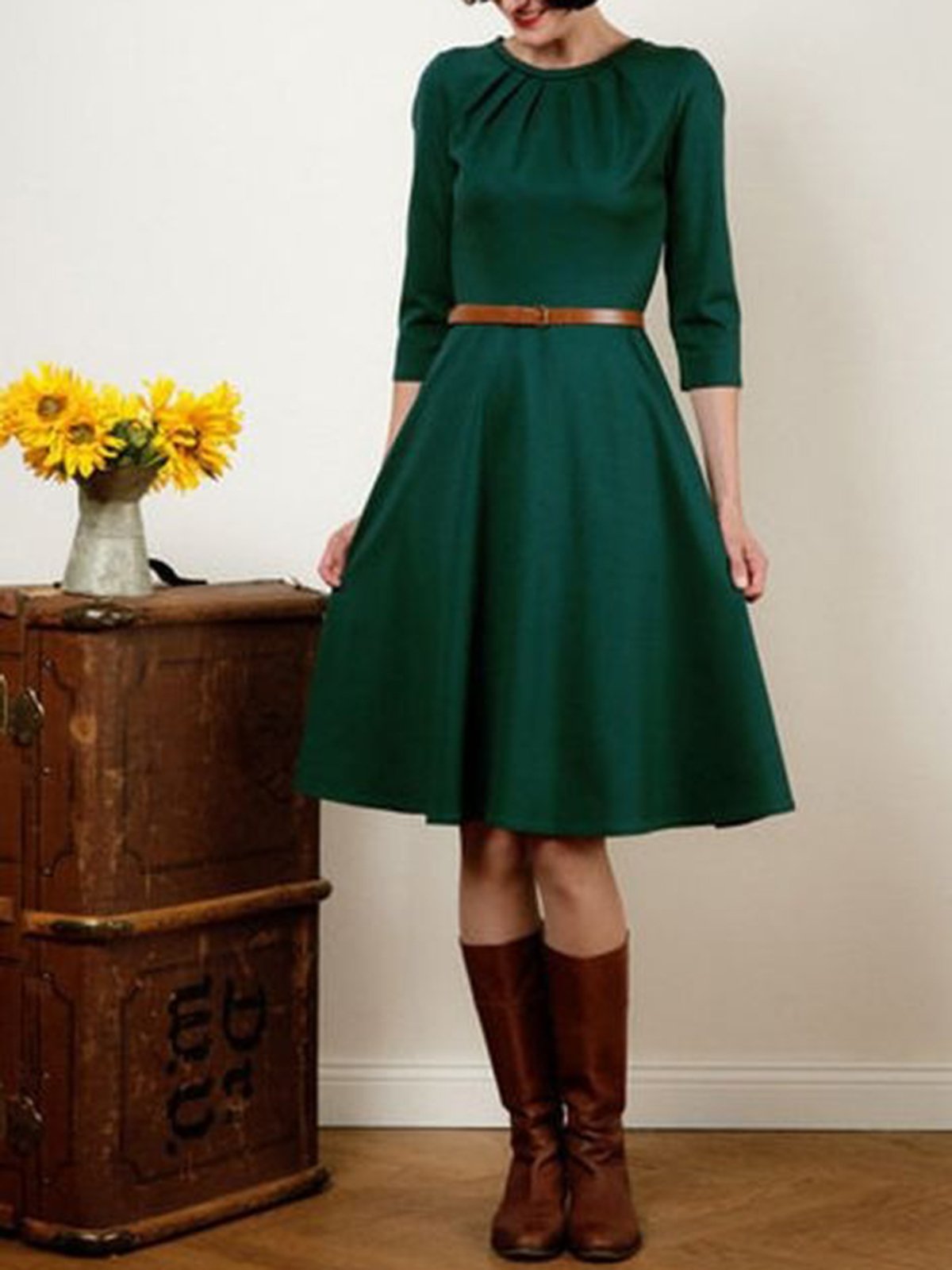 flowersverse Green Vintage Casual 3/4 Sleeve A-Line Weaving Dress