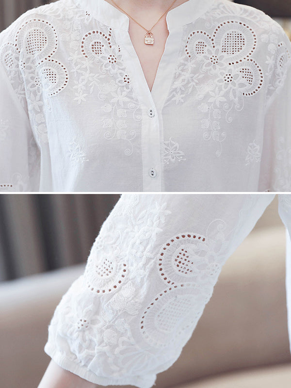 flowersverse Vintage Half Sleeves Hollow Embroidered White Blouse