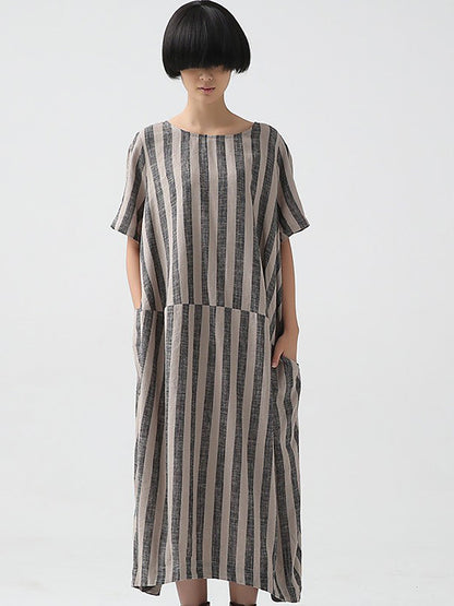 flowersverse Plus Size Women Summer Casual Stripe Cotton Linen Loose Dress