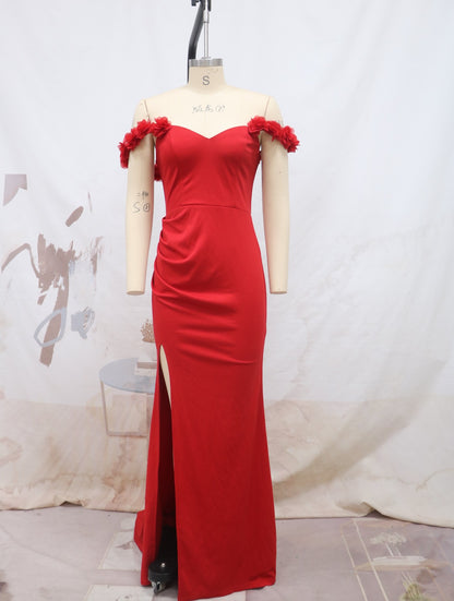 flowersverse Women Red Off Shoulder Wedding Bridesmaid Dresses Evening Dresses