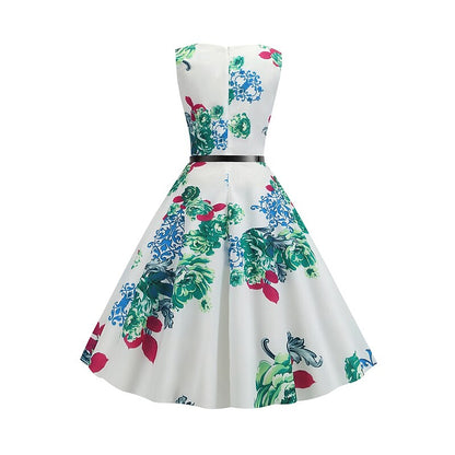 flowersverse Women's Elegant Retro Swing Dress Midi Dress Party Daily With Belt Print Floral Crew Neck Sleeveless Regular Fit Spring Summer  White Red S M L XL