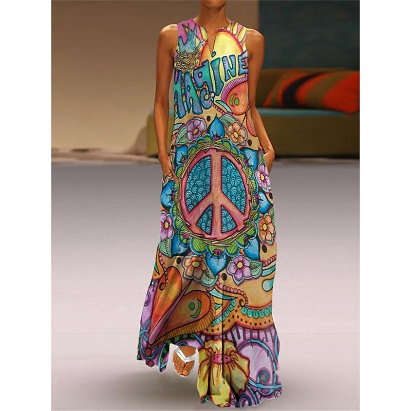 flowersverse Women's Long Dress Maxi Dress Casual Dress Summer Dress Print Dress Floral Geometric Moon Casual Modern Outdoor Daily Holiday Pocket Print Sleeveless V Neck Dress Loose Fit Light Yellow White Yellow