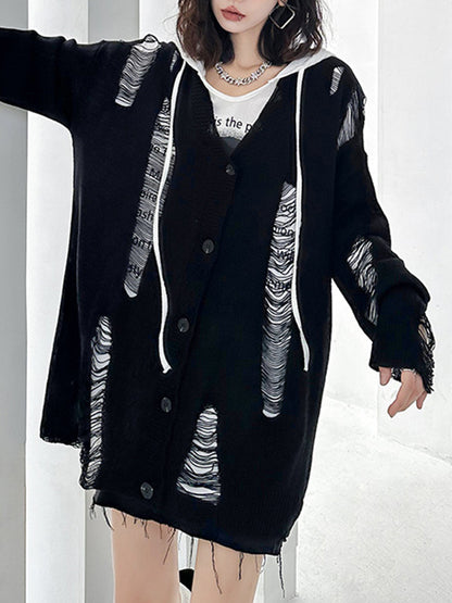 flowersverse Hollow Split-Joint Long Sleeves Loose V-Neck Cardigan Coats