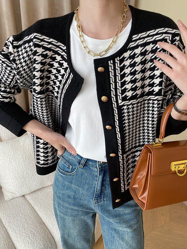 flowersverse Long Sleeves Loose Contrast Color Houndstooth Split-Joint Round-Neck Cardigan Tops