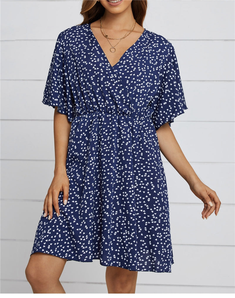 flowersverse Spring Summer Chiffon Dress Women V-Neck Love Dot Print Short Dresses Sweet Ruffle Sleeve Slim Ladies Drawstring Dress