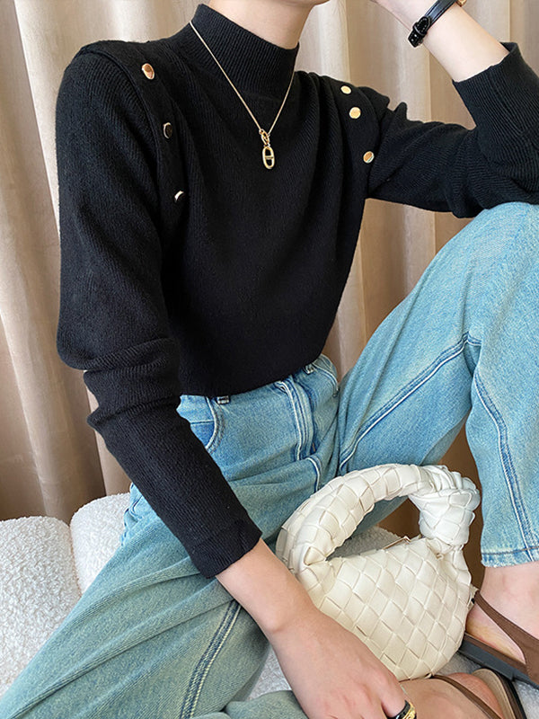 flowersverse Buttoned Split-Joint Long Sleeves High-Neck Sweater Tops