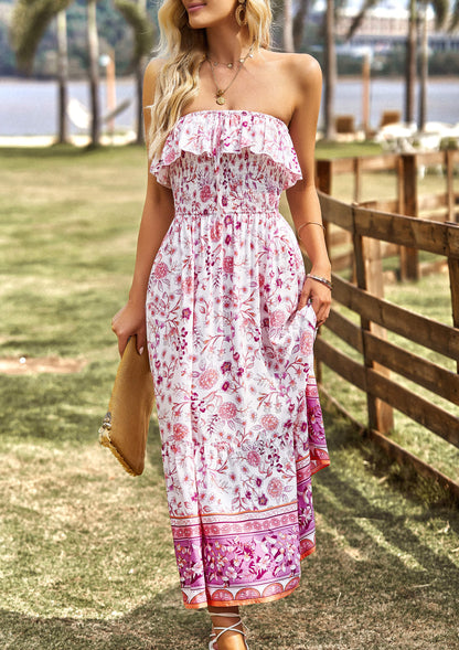 flowersverse MARISA FLORAL OFF THE SHOULDER MAXI DRESS - PINK