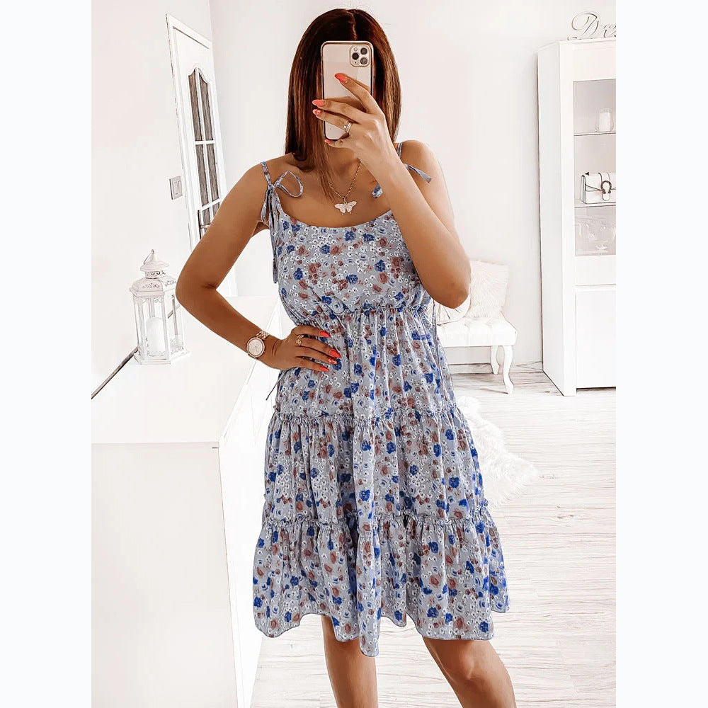 flowersverse Small Floral Digital Printing Mid Waist Fresh Sweet Strap Dress