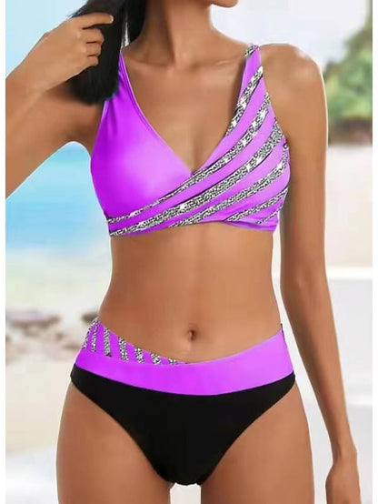 flowersverse Women's Swimwear Bikini Plus Size Swimsuit 2 Piece Striped Black Burgundy Blue Lavender Purple Bandeau Bathing Suits Sports Summer