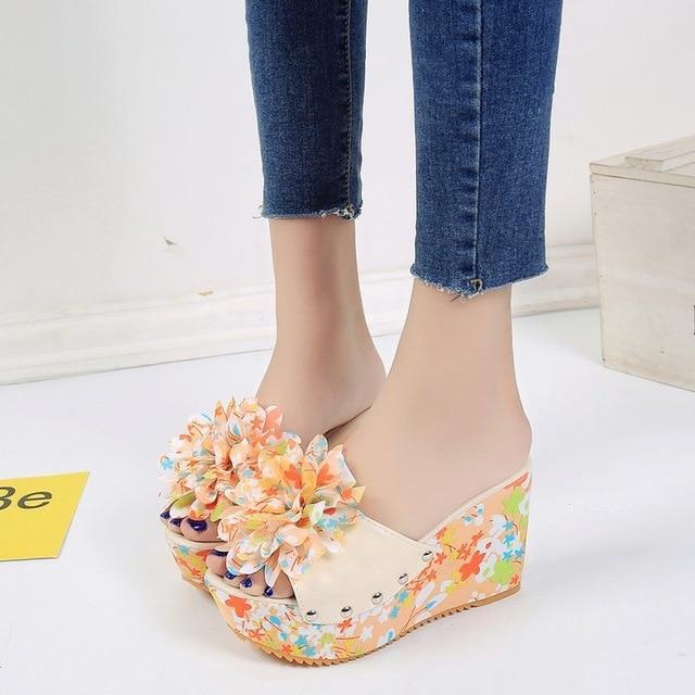 flowersverse Women Thick Floral Flower Wedge Sandals High Heel Slipper Sandal Shoes