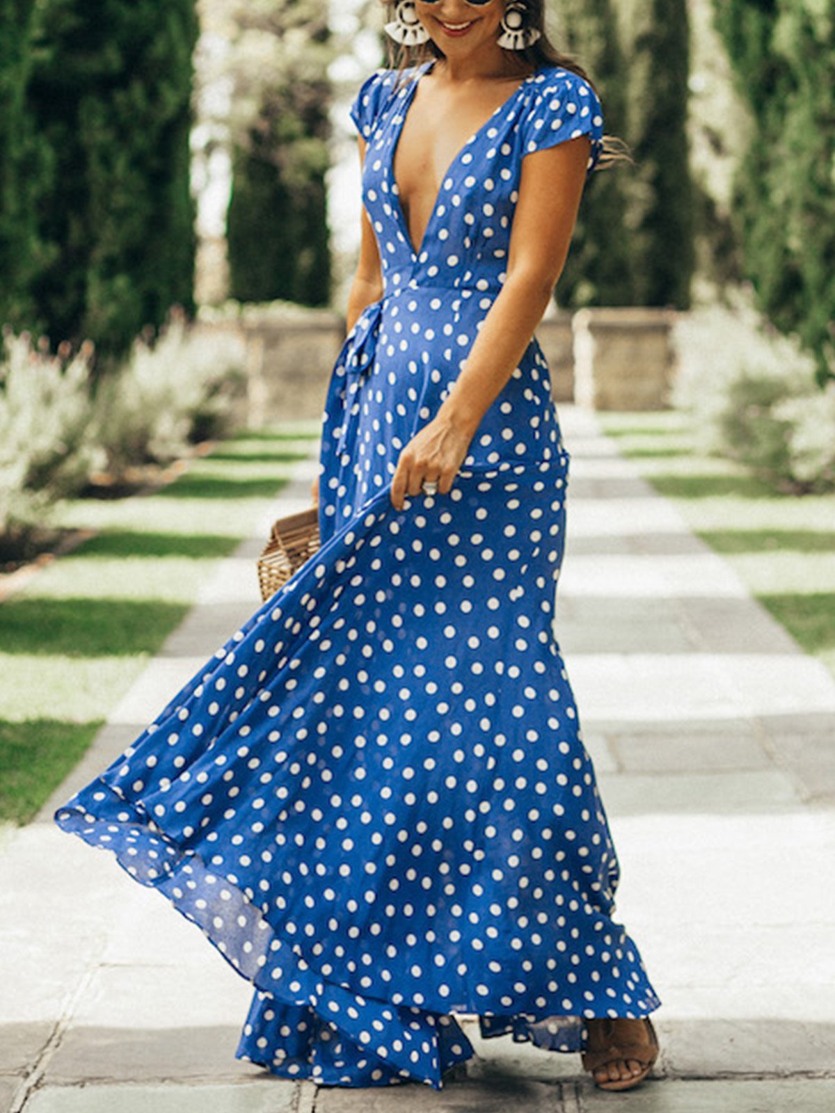 flowersverse A-Line Short Sleeve Polka Dots Maxi Dress