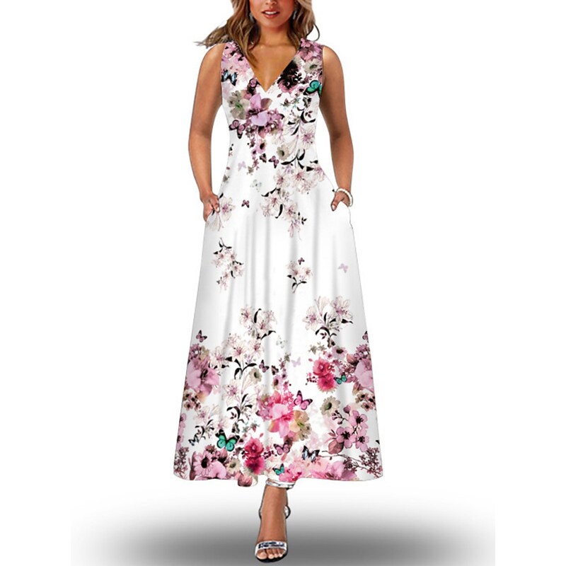 flowersverse Women's Long Dress Maxi Dress Casual Dress Shift Dress Print Dress Floral Butterfly Peacock Fashion Casual Daily Going out Beach Print Sleeveless V Neck Dress Loose Fit Black White Light Green Spring