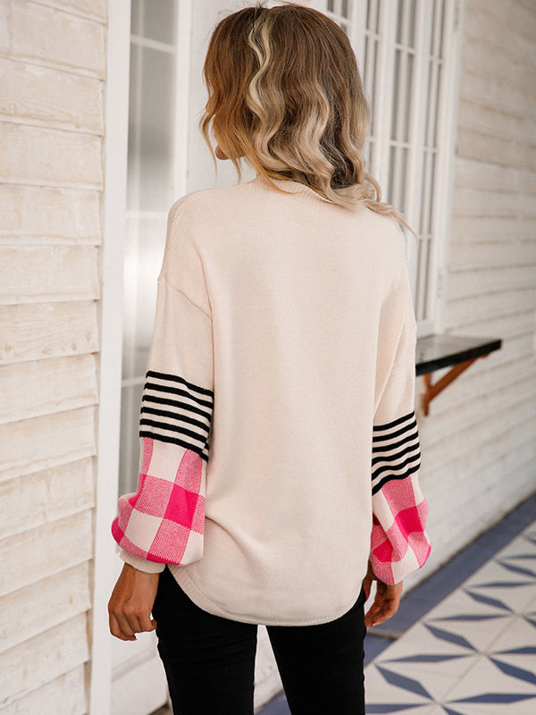 flowersverse Casual Long Sleeves Loose Checkered Round-Neck Sweater Tops