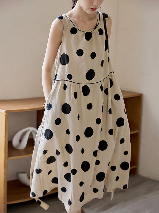 flowersverse Plus Size Women Summer Casual Dot Drawstring Linen Vest Dress