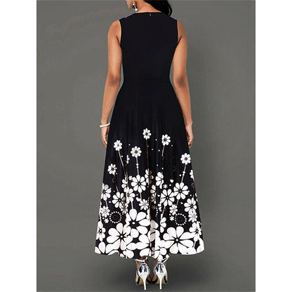 flowersverse Women's Work Dress Black Dress Semi Formal Dress Fashion Maxi Dress Pocket Print Crew Neck Sleeveless Floral Color Block Regular Fit Black White Yellow Spring Summer S M L XL XXL