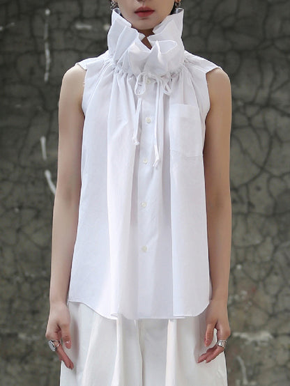 flowersverse Pleated Solid Color Sleeveless Statement Collar Blouses&shirts Tops