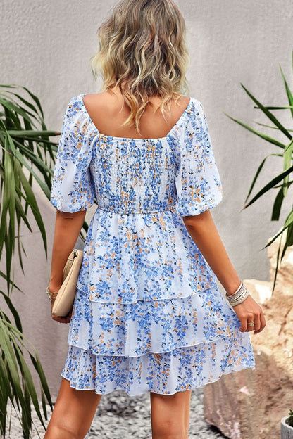 flowersverse Floral Smocked Square Neck Balloon Sleeve Mini Dress