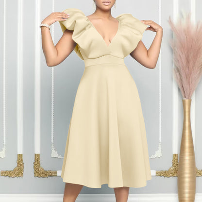 flowersverse Women's Deep V Neck Sexy Swing Formal Party Dress