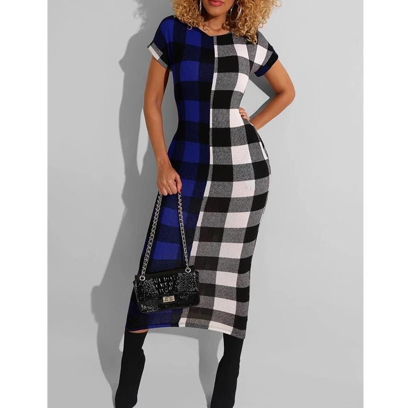 flowersverse Women Sexy Plaid Bodycon Dress Cotton O-neck Long Sleeve Spring Autumn Casual Slim Jumper Midi Pencil Dress