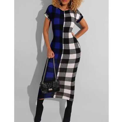 flowersverse Women Sexy Plaid Bodycon Dress Cotton O-neck Long Sleeve Spring Autumn Casual Slim Jumper Midi Pencil Dress