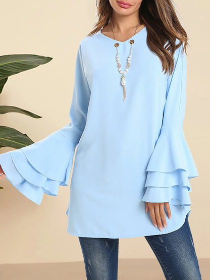 flowersverse Hollow Layered Flared Sleeves Long Sleeves V-Neck Blouses&Shirts Tops