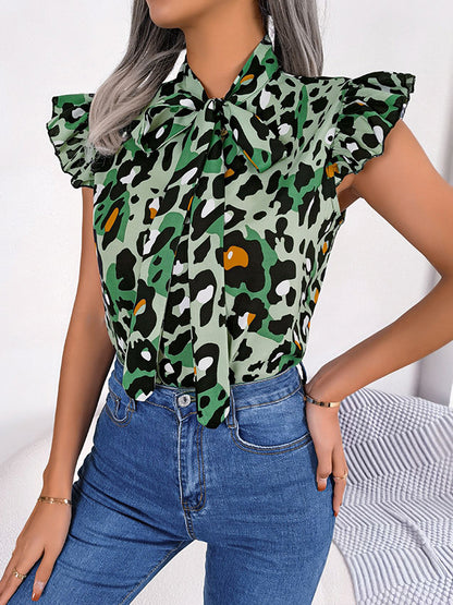 flowersverse Leopard Cap Sleeve Loose Statement Collar Vest Top