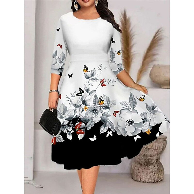 flowersverse Women's Plus Size Work Dress A Line Dress Leaf Floral Midi Dress Half Sleeve Print Crew Neck Elegant Office Black White Spring Summer XL XXL 3XL 4XL 5XL