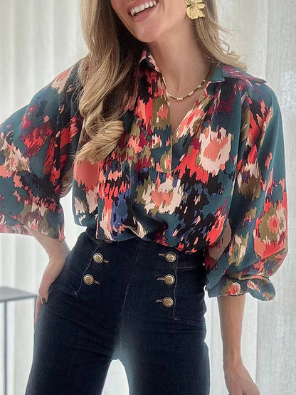 flowersverse Printed Long Sleeves Loose V-Neck Blouses&Shirts Tops