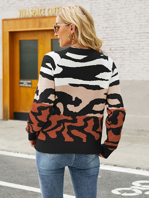 flowersverse Casual Loose Zebra-Stripe Patchwork Sweater Top