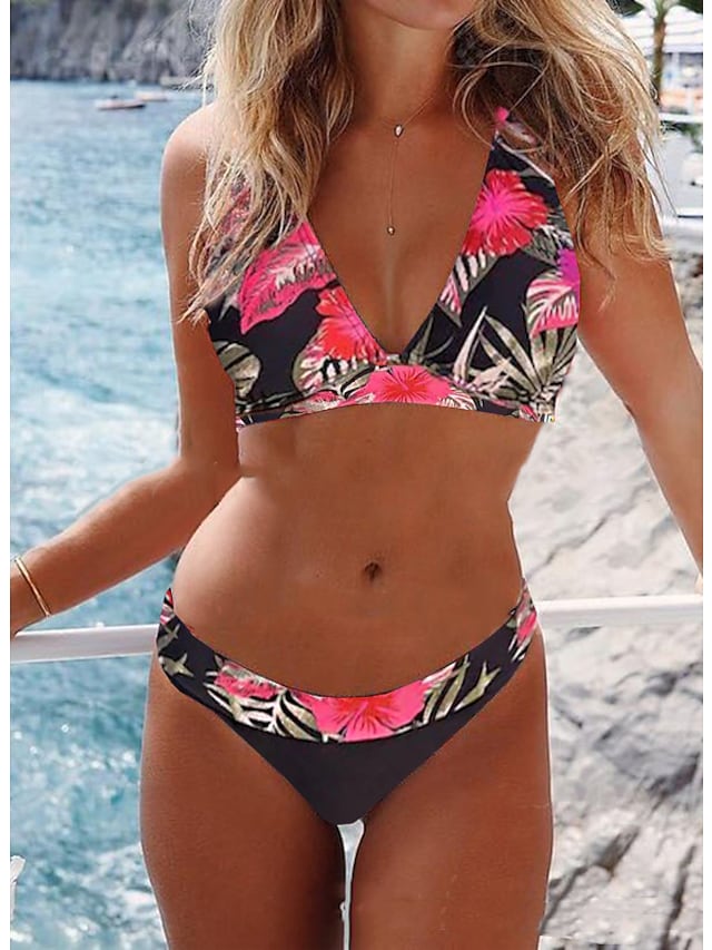 flowersverse Women's Swimwear Bikini Normal Swimsuit 2 Piece Printing Floral Geometic Black Red Blue Rose Red Bathing Suits Sports Beach Wear Summer