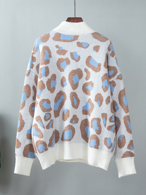 flowersverse Leopard Long Sleeves Loose Mock Neck Sweater Tops Pullovers