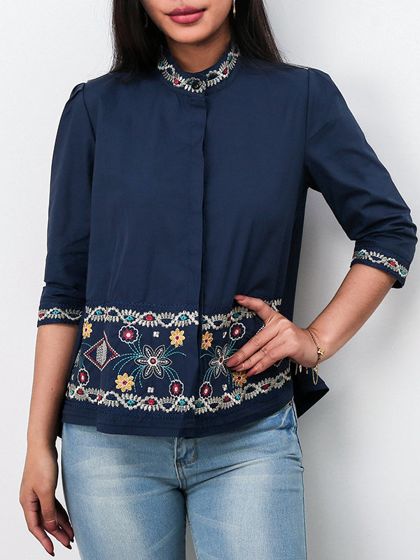 flowersverse Casual Loose High-Low Embroidered Stand Collar Blouses&Shirts Tops