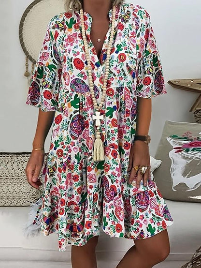 flowersverse Women's A-Line Dress Short Mini Dress - Half Sleeve Floral Summer Stand Collar Hot Floral Holiday Loose Blushing Pink Orange Green Light Blue