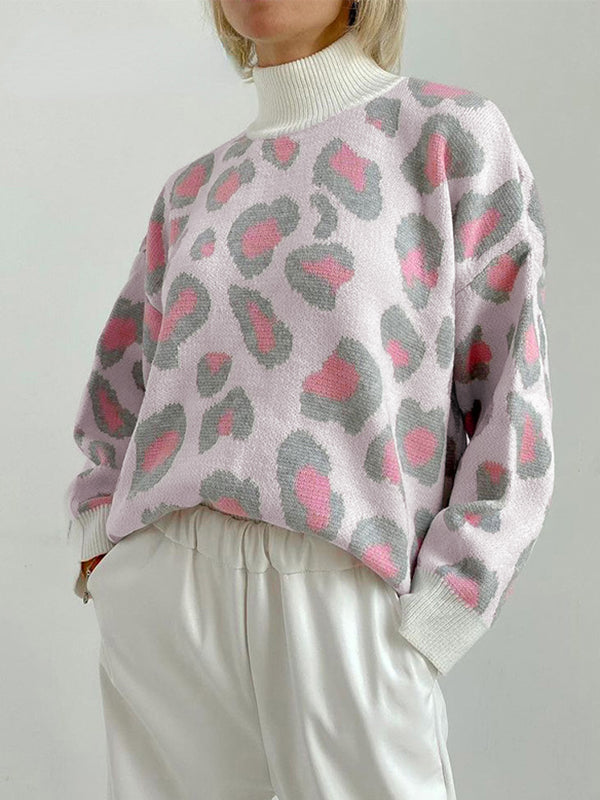 flowersverse Leopard Long Sleeves Loose Mock Neck Sweater Tops Pullovers