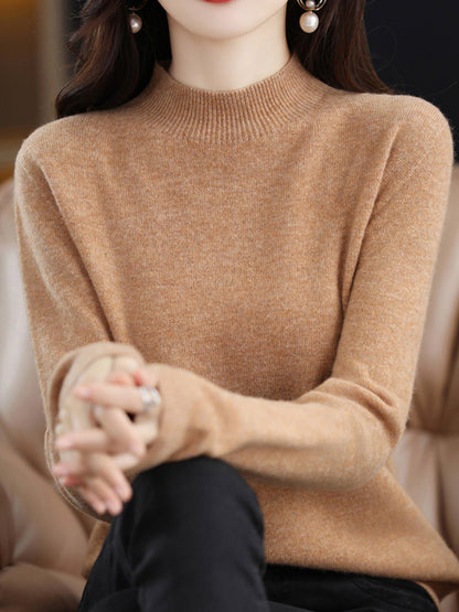 flowersverse Office Long Sleeves Solid Color High-Neck Sweater Tops Pullovers