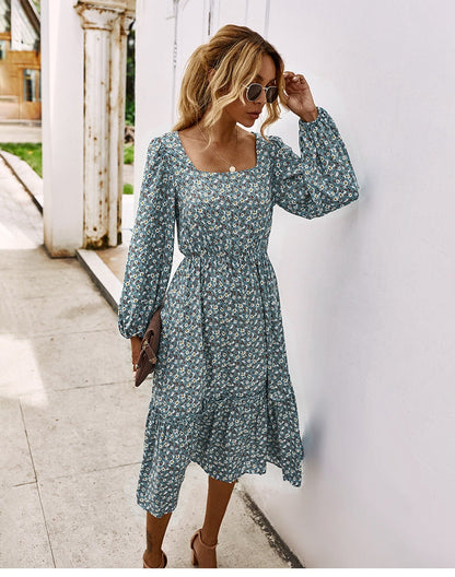 flowersverse Retro Ladies Square Collar Floral Long Dress Autumn Winter Women High Waist Full Sleeve Elegant Chic Dress